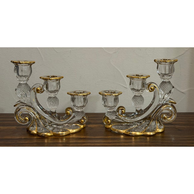 Hollywood Regency 1930s Cambridge Glass Valencia Etched & Gilt 3-Light Candelabra – Pair For Sale - Image 3 of 17