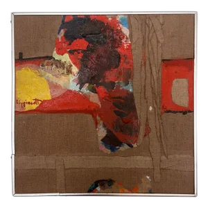 Vintage Janet Lippincott Mixed-Media Abstract Landscape Oil Painting and Fabric Collage