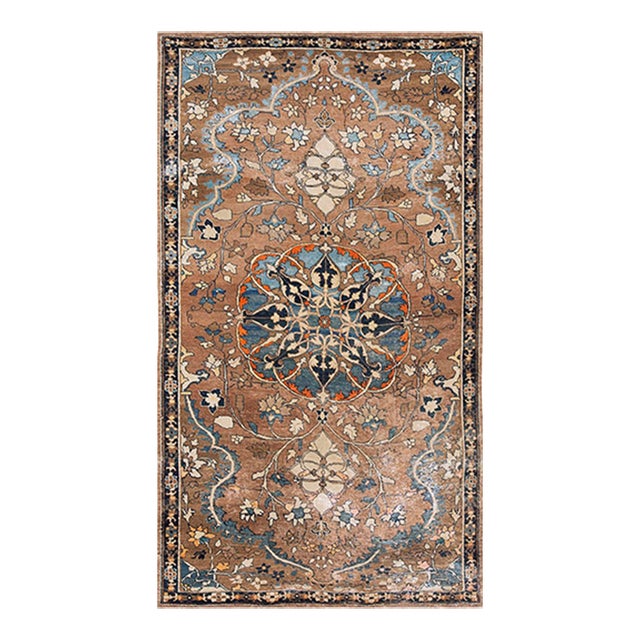 Lovely Traditional Camel Color Background and Dark Blue Border Floral Design Century Persian Tabriz Rug For Sale
