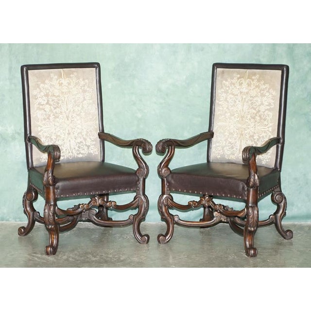 Magnificent pair of late Victorian Carolean Revival throne armchairs, circa 1880 Exceptionally decorative examples...