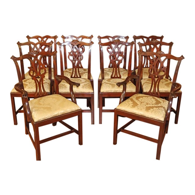 1980s Set of 10 Kittinger Mahogany Chippendale Dining Chairs With Gold Damask Fabric For Sale