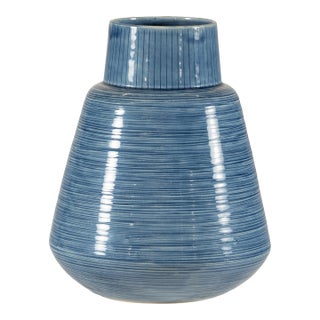 Artisan Blue-Glazed Ceramic Vase with Ribbed Surface and Tapering Form For Sale