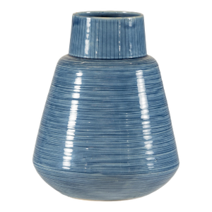 Artisan Blue-Glazed Ceramic Vase with Ribbed Surface and Tapering Form