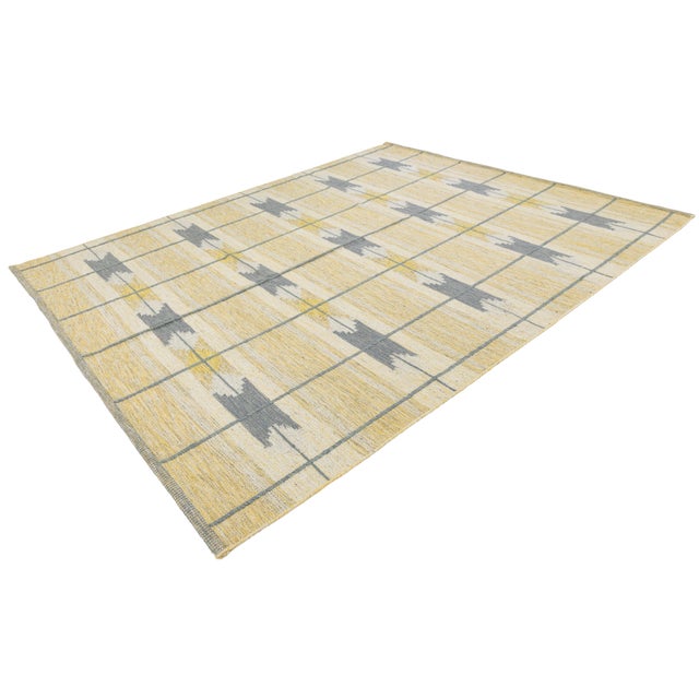 Swedish Style Flat-Weave Wool Rug in Warm Gold, Soft Grey, and Ivory Geometric For Sale - Image 10 of 12