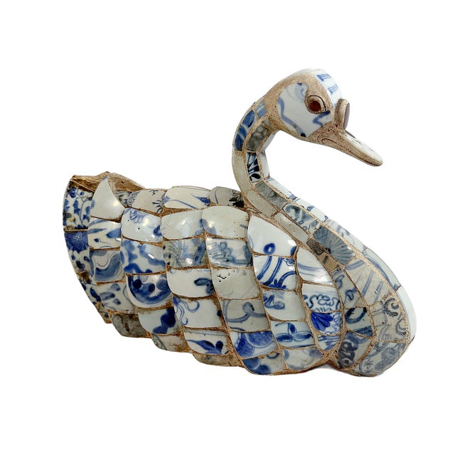 1970s Mid 20th Century Shard Ware Blue and White Porcelain Mosaic Swan For Sale - Image 5 of 8