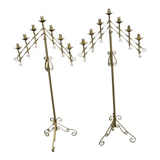 Vintage Pair Gold Metal / Iron Tall Adjustable / Expanding Floor 7 Light Candelabras - Pair For Sale