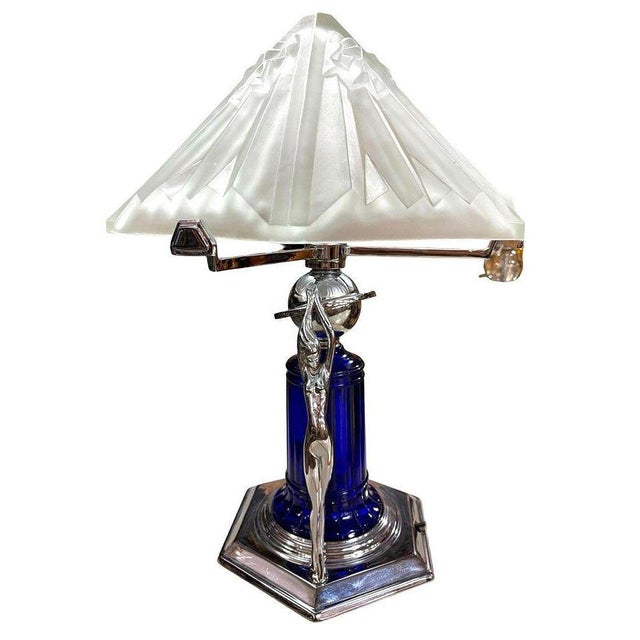 Frankart 1980s Frankart Era Art Deco Style Chrome & Cobalt Figural Lamp With Vivian Glass Shade For Sale - Image 4 of 10