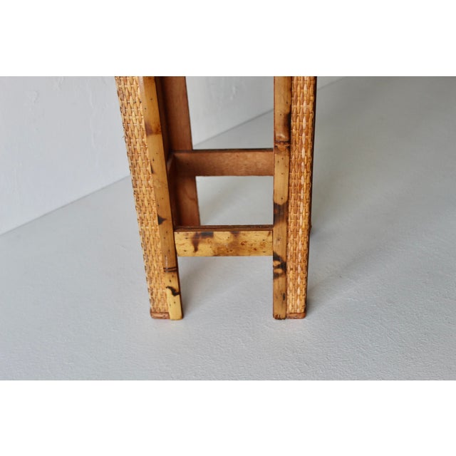 Wood Vintage Scorched "Tortoise Shell" Style Bamboo Wicker Plant Stand Mid-Century For Sale - Image 7 of 13