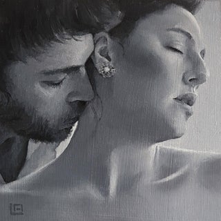 The Kiss #3 by Linda Delahaye | Oil on Panel Portrait of a couple embracing. For Sale