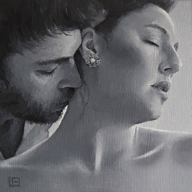 The Kiss #3 by Linda Delahaye | Oil on Panel Portrait of a couple embracing. For Sale