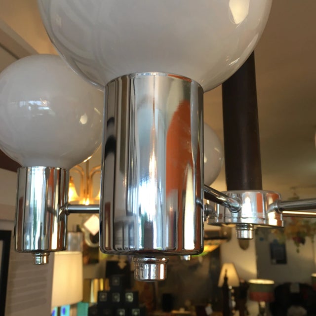 1970s Vintage Chrome and Wood 5 Socket Hanging Light Fixture Chandelier For Sale - Image 4 of 8