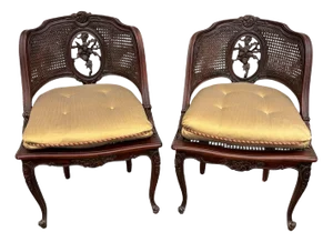 1980s Louis XV Style Carved Barrel Cane Arm Chairs With Tufted Cushions - Set of 2