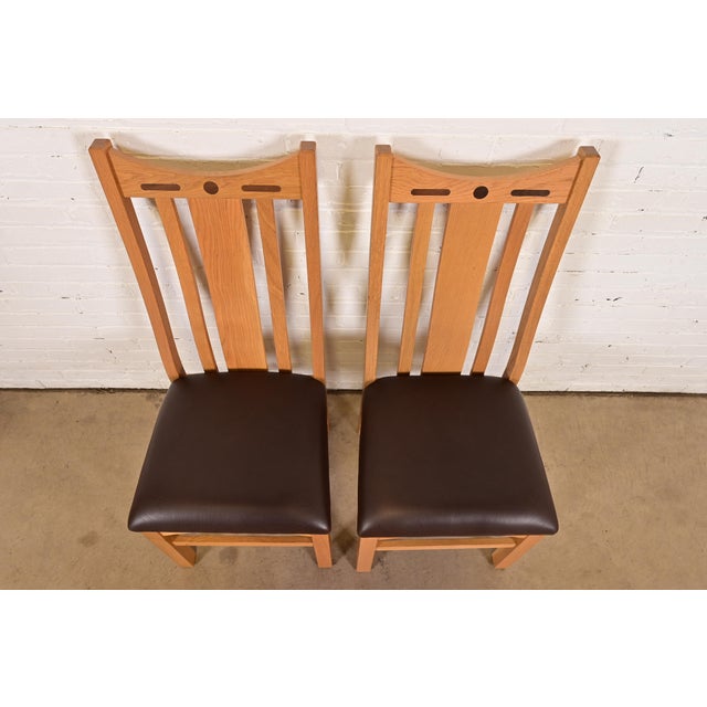 Late 20th Century Charles Rennie Mackintosh Style Arts & Crafts Inlaid Oak High Back Side Chairs or Dining Chairs, Pair For Sale - Image 5 of 12