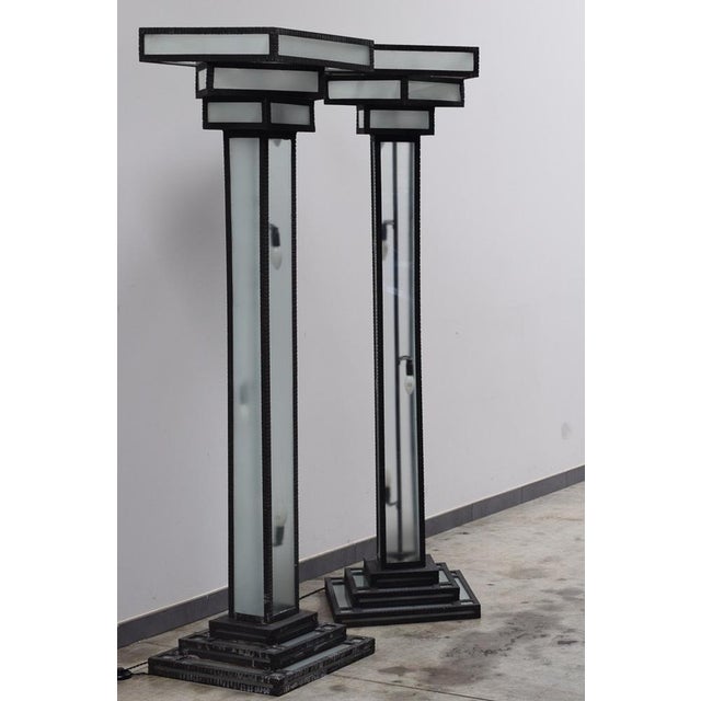 Large Art Deco Floor Lamps Hotel Hammered Iron and Glass, France, 1930s, Set of 2 For Sale - Image 6 of 18