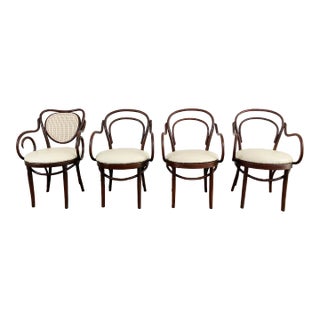 Antique Bentwood Arm Chairs With Leather Seats, Set of 4 For Sale