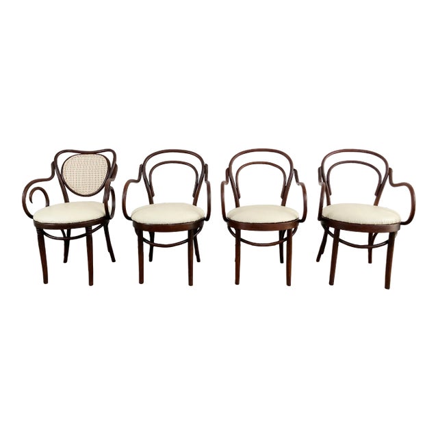 Antique Bentwood Arm Chairs With Leather Seats, Set of 4 For Sale