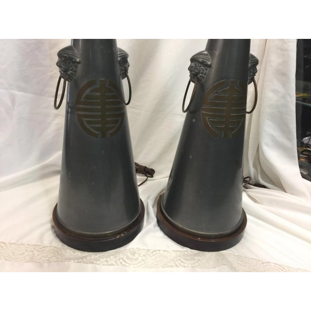 Pair of Vintage Chinese Pewter Lamps Trumpet Form For Sale - Image 9 of 11