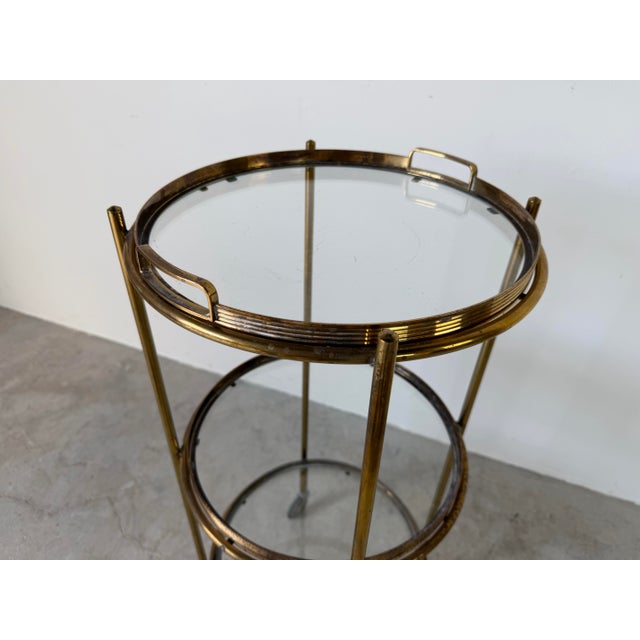 1970’s Maison Jansen Style Italian Hollywood Regency Brass & Glass Three-Tier Rolling Bar Cart With Removable Trays For Sale - Image 10 of 12