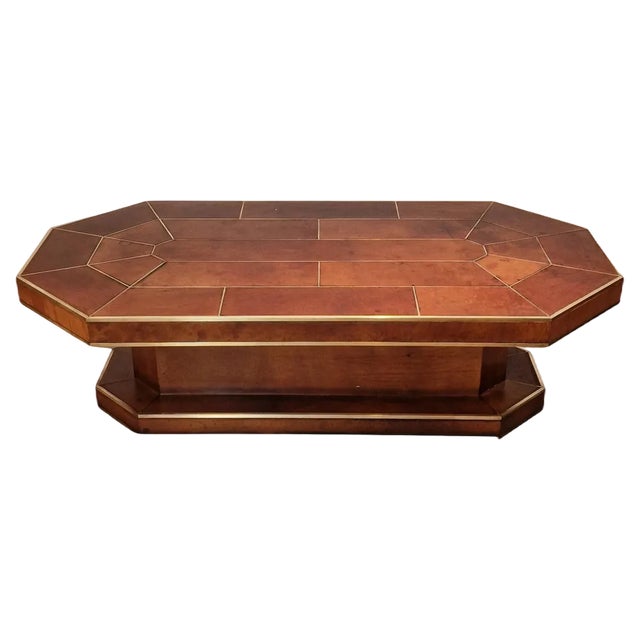 Large French Leather Brown Coffee Table with Brass Details, 1975 For Sale