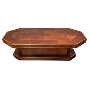 Large French Leather Brown Coffee Table with Brass Details, 1975