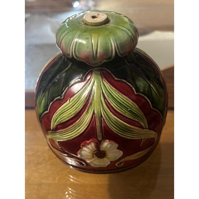 Small Art Nouveau Majolica Lampshade with Raised Floral Decoration, 1890s, in Very Good conditions. Designed 1890 to 1919...