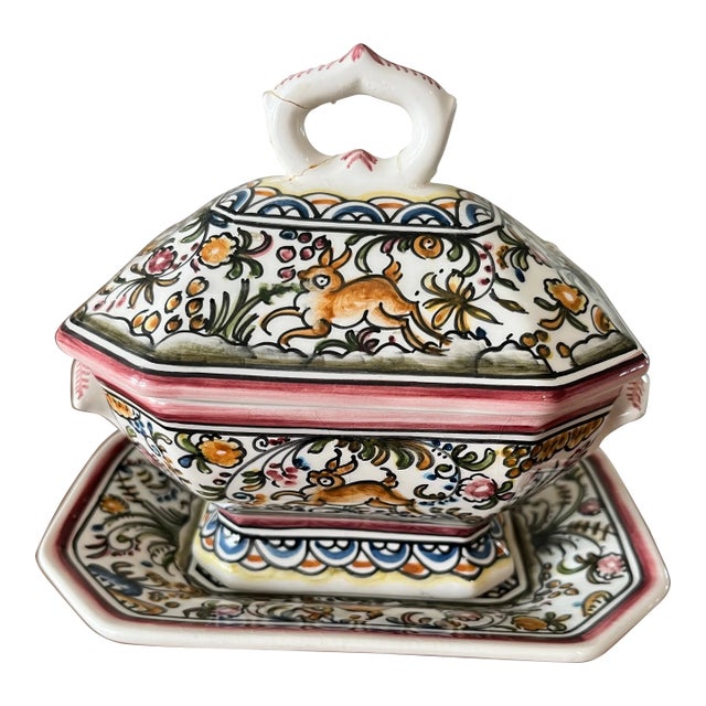 Vintage Hand-Painted Portuguese Lidded Tureen and Underplate-Real Ceramica Coimbra, Portugal For Sale