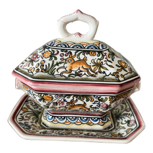 Vintage Hand-Painted Portuguese Lidded Tureen and Underplate-Real Ceramica Coimbra, Portugal
