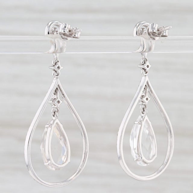 Art Deco New Quartz & Diamond Halo Teardrop Earrings 14k White Gold Pierced Dangles, Pair For Sale - Image 3 of 4