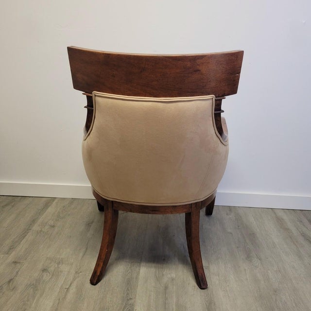 Late 20th Century Contemporary Klismos-Gondola Armchair in Warm Walnut With Ultrasuede Upholstery For Sale - Image 5 of 7
