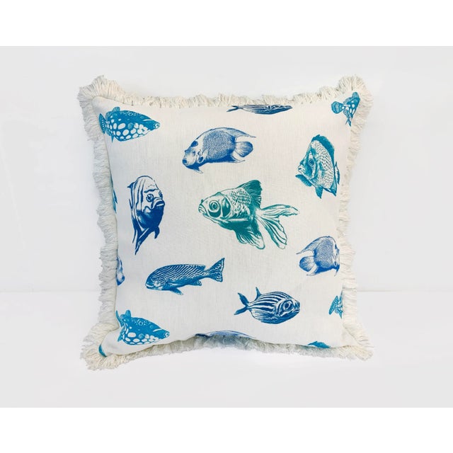 Artisan “Fish” Turquoise Blue Hand Printed on Linen Pillow Cover, 20". - For Sale - Image 13 of 13