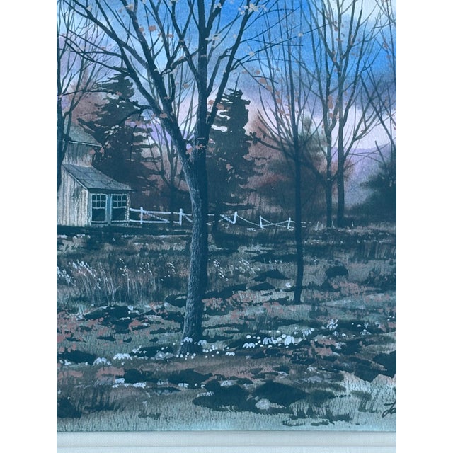 Paint 1990s Winter Landscape Barn Sunset Watercolor Painting By: Fambe? Framed, Linen Matting For Sale - Image 7 of 12