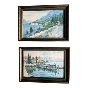 Mid 20th Century Italian Landscape Postcards, Framed - a Pair