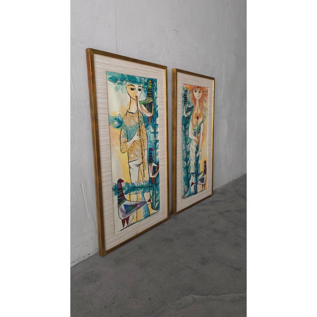 Pair of Whimsical European Mid Century Watercolor Paintings For Sale - Image 4 of 14
