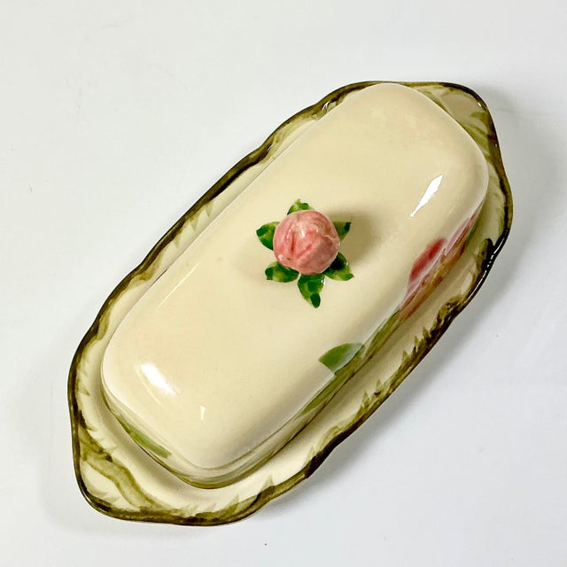 Mid 20th Century Americana Boho Chic Franciscan Desert Rose Covered Butter Dish, Rose Finial For Sale - Image 6 of 12