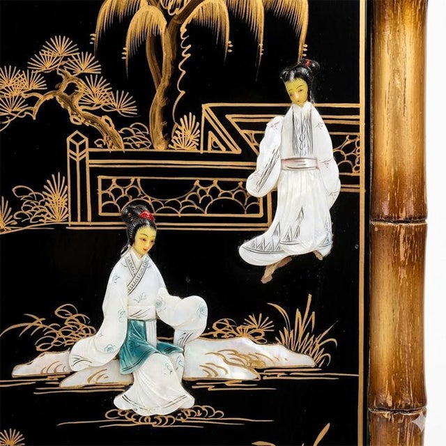 Vintage Black Lacquer & Faux Bamboo Chinoiserie Narrow Accent Cabinet With Mother-of-Pearl Inlay For Sale In Las Vegas - Image 6 of 10