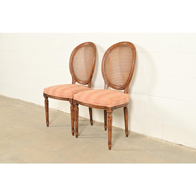 French Karges French Regency Louis XVI Carved Walnut Cane Back Side Chairs or Dining Chairs, Pair For Sale - Image 3 of 13