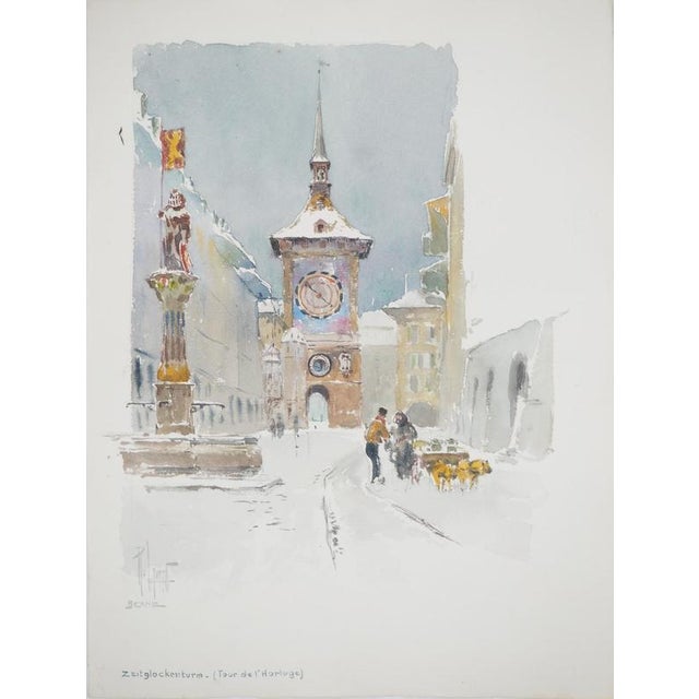 René Leverd, Switzerland, Clock Tower in Bern, Watercolor For Sale - Image 7 of 7