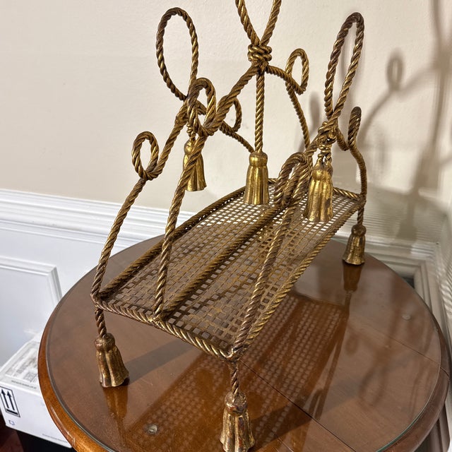Metal Mid 20th Century Italian Mid-Century Gilded Rope Tassels Magazine Book Rack For Sale - Image 7 of 9