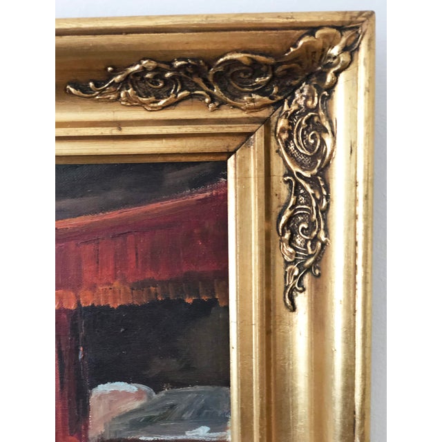 A vintage original oil painting of a cottage interior, dating from 1960. The painting shows a cozy room with a view...