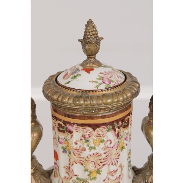 Pair Castilian Porcelain & Bronze French Style Lidded Urns For Sale - Image 13 of 18