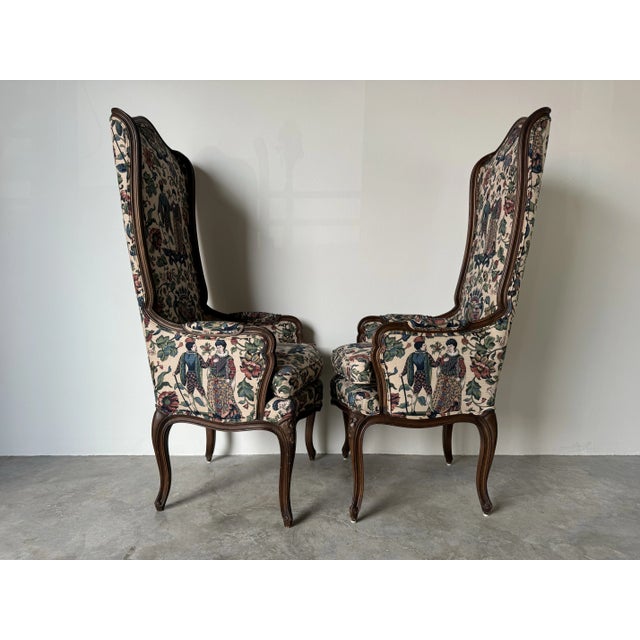 Hollywood Regency Vintage Hollywood Regency Louis XV-Style High-Back Carved Wood Accent Chairs - A Pair/Sold For Sale - Image 3 of 12