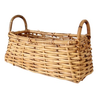 Vintage Wicker Basket With Bentwood Handles For Sale