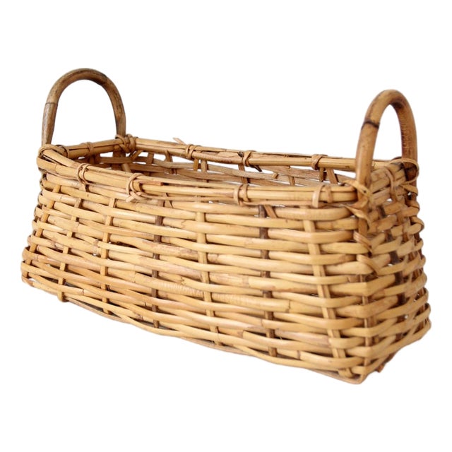 Vintage Wicker Basket With Bentwood Handles For Sale
