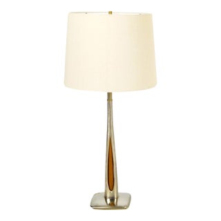 1960s Mid-Century Modern Stainless and Teak Table Lamps With Original Shade Attributed to Laurel Lighting For Sale