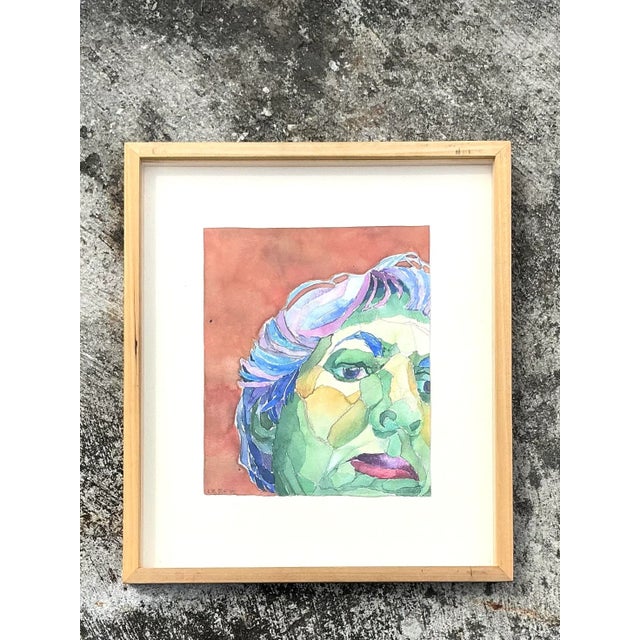 1980s Vintage Boho Original Watercolor Portrait on Paper For Sale - Image 5 of 9