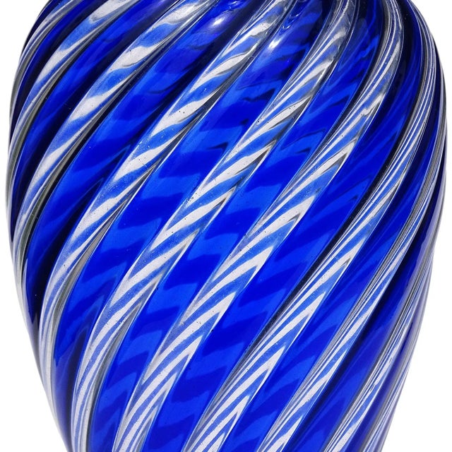 AVeM Italy Vintage Murano AVeM Swirling Sapphire Blue Clear Stripes Italian Art Glass Ruffle Rim Flower Vase For Sale - Image 4 of 4