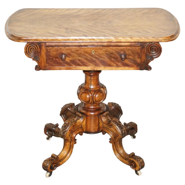 Early Victorian Walnut Side Table with Ornately Carved Base & Legs For Sale