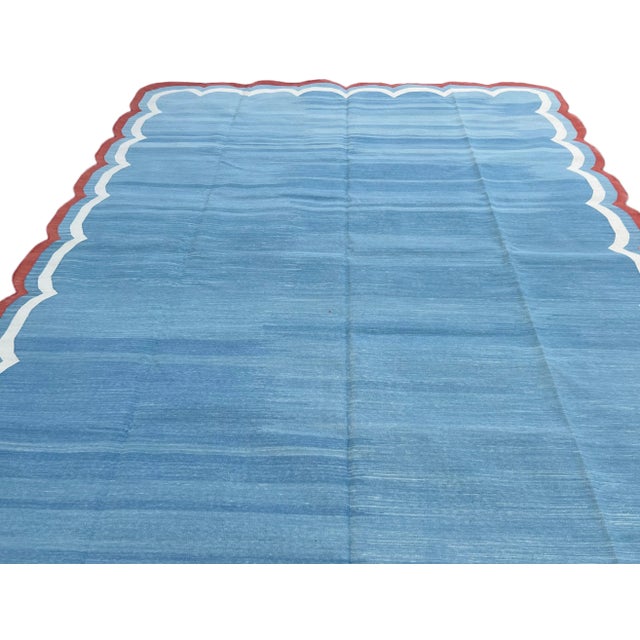 Sky Blue Handmade Cotton Area Rug Natural Vegetable Dyed Flat Weave Sky Blue Terracotta Border Four Side Scalloped Dhurrie - 8'x10' For Sale - Image 8 of 11