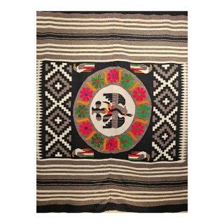 Vintage Mexican Serape Kilim Rug, Flat-Woven Medallion Pattern, Gray & Black, 5x7 For Sale