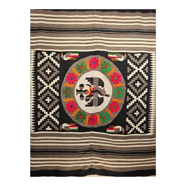 Vintage Mexican Serape Kilim Rug, Flat-Woven Medallion Pattern, Gray & Black, 5x7 For Sale